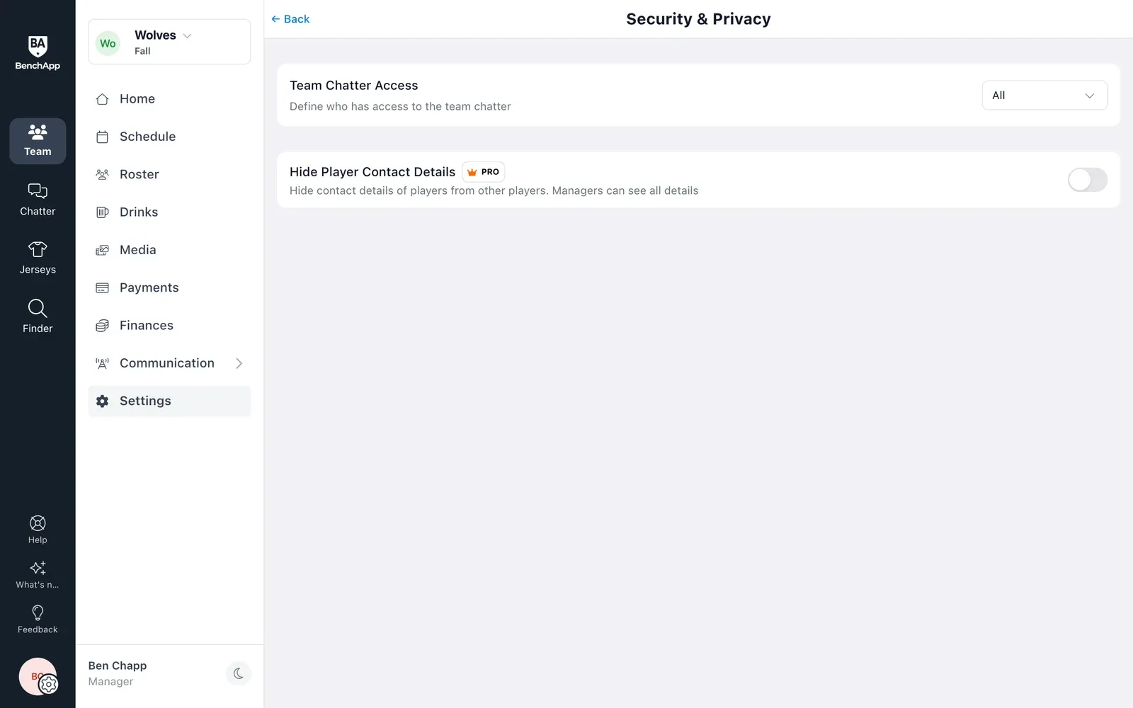 BenchApp on a computer: Security & Privacy with Hide Player Contact Details