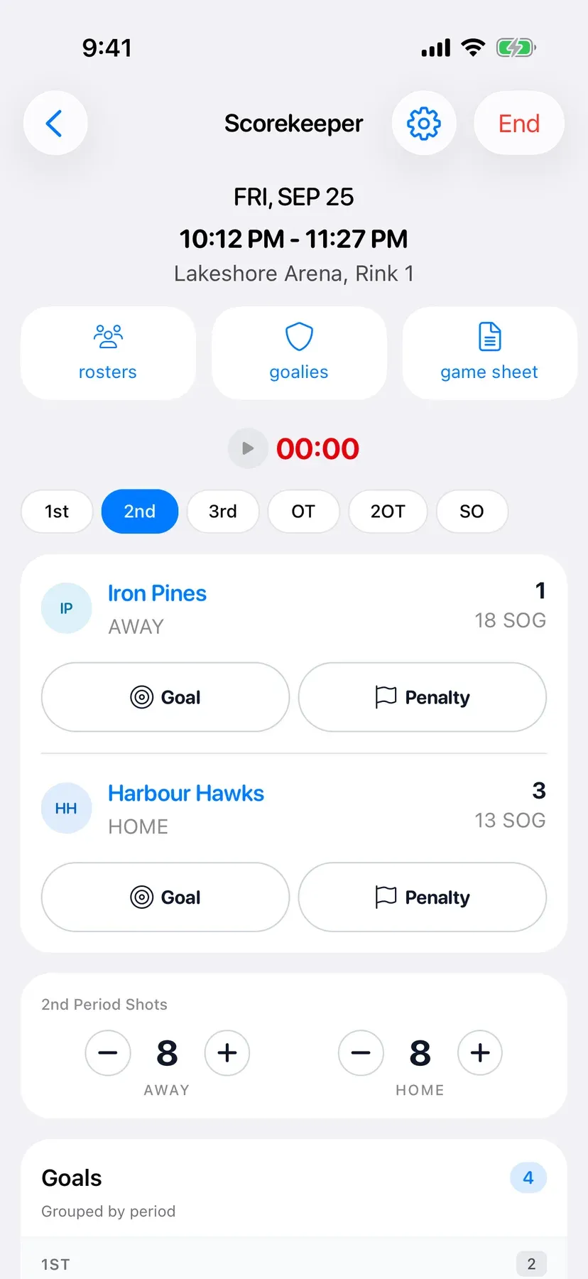 BenchApp Scorekeeper on a phone during a game: score, shots, goals and penalties